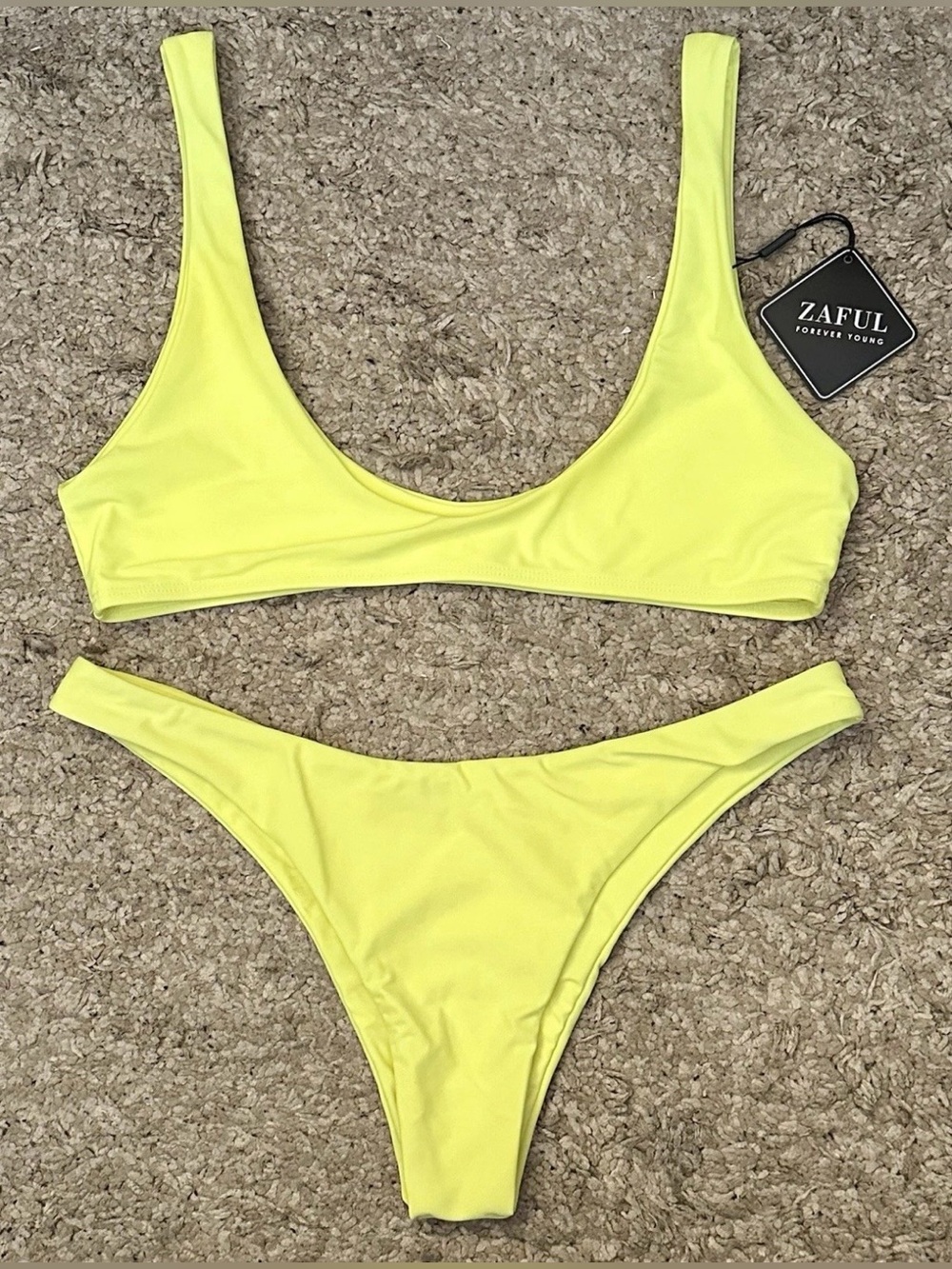 Zaful Forever Young Women’s L Neon Yellow Bikini Set Top/Cheeky Bottoms Swimwear